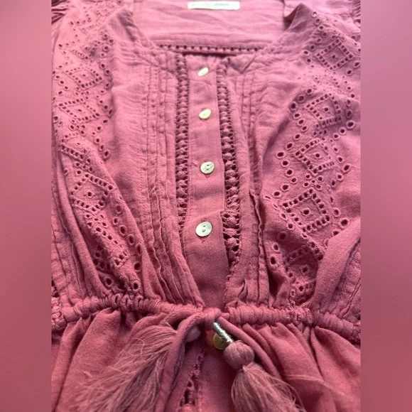 LUCKY BRAND Raspberry Pink Puff Sleeve Blouse with Tassel Tie in the Front Boho - Picture 5 of 12